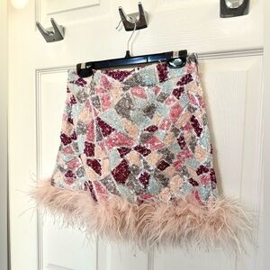 Chelsea Sequin Patchwork Mini Skirt with Feather Trim